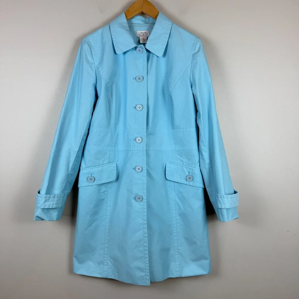 Ann Taylor Loft Trench Coat Women's 8 Sky Blue Button Front Lightweight Utility